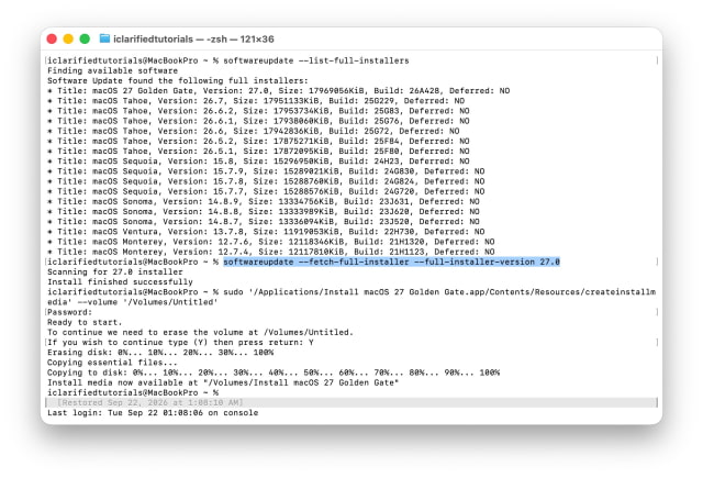 softwareupdate --fetch-full-installer --full-installer-version 27.0 in Terminal, followed by Install finished successfully
