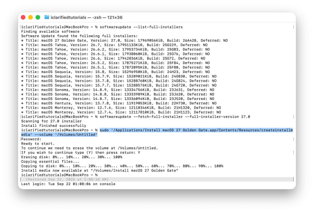 The createinstallmedia command in Terminal, followed by the erase, the copy and Install media now available