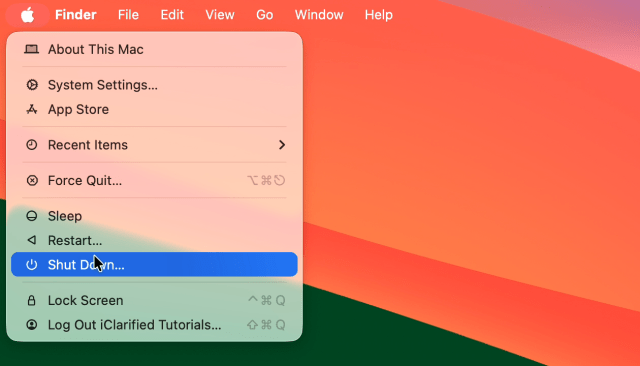 Shut Down selected in the Apple menu