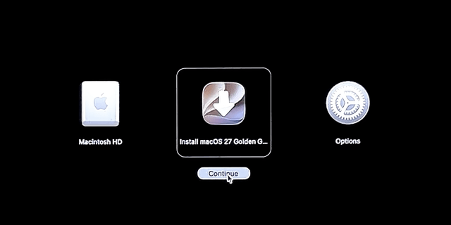 Startup options with Install macOS 27 Golden Gate selected and Continue under it