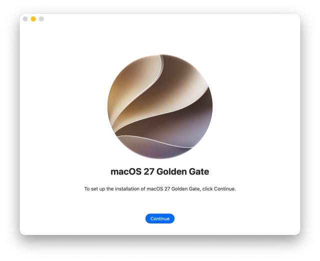 The macOS 27 Golden Gate installer's welcome screen with its Continue button
