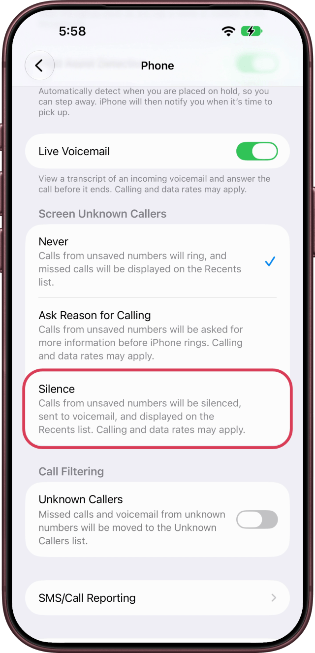Tap Silence under Screen Unknown Callers