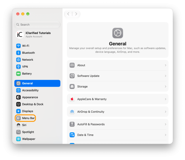 The System Settings window open on General with Menu Bar ringed in the sidebar
