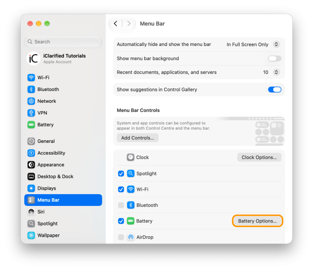 The Menu Bar settings with the Battery checkbox selected and Battery Options&hellip; ringed