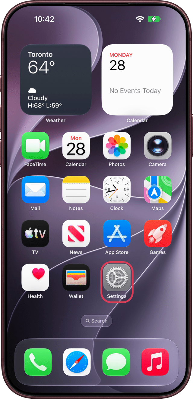 The Settings app on the Home Screen, ringed