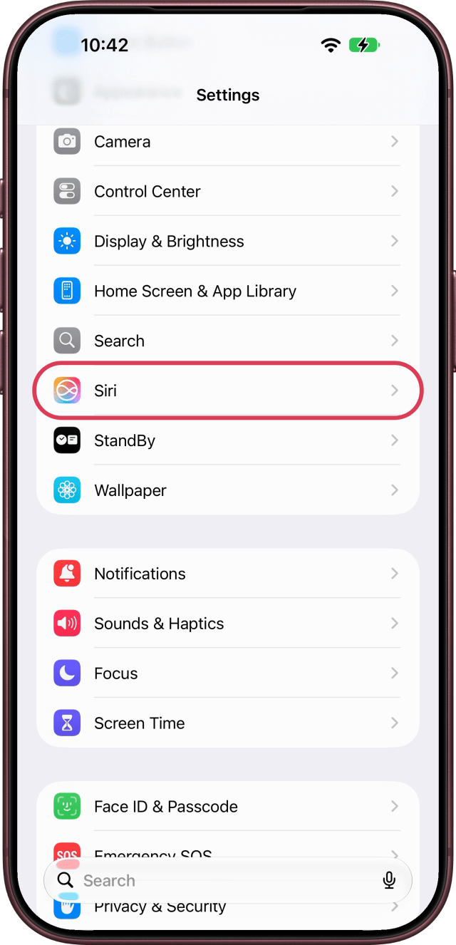 Siri ringed in the Settings list