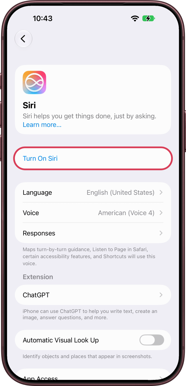 Turn On Siri ringed on the Siri screen