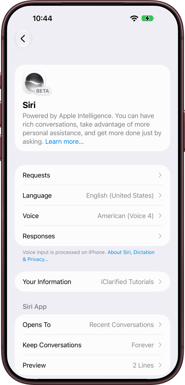 The Siri screen reading Powered by Apple Intelligence, with a BETA badge