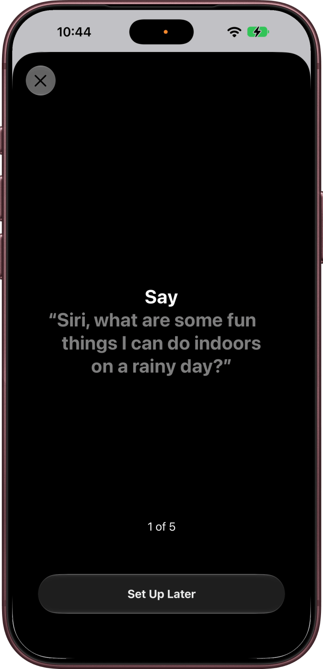 The first of five phrases: Say "Siri, what are some fun things I can do indoors on a rainy day?"