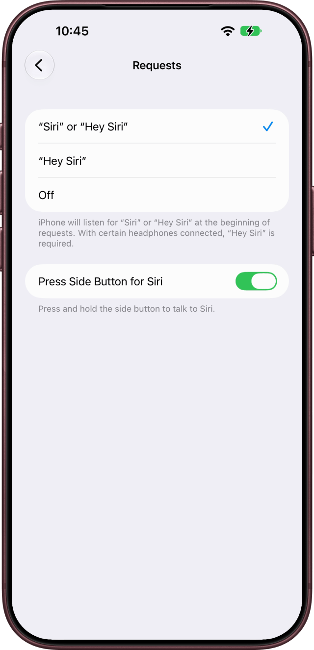 Requests with "Siri" or "Hey Siri" ticked