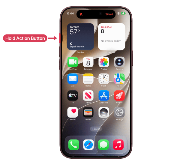 The Action button marked and labelled on an iPhone 18 Pro Max, the Dynamic Island showing Silent.