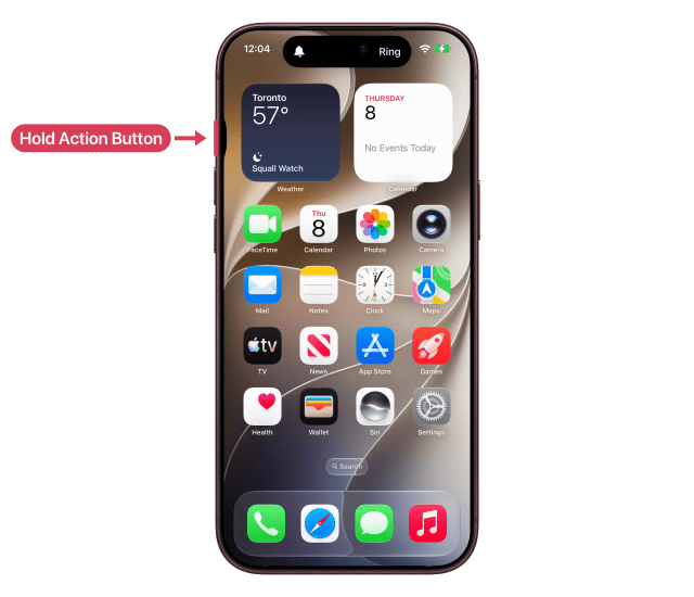 The Action button marked and labelled, the Dynamic Island showing Ring.