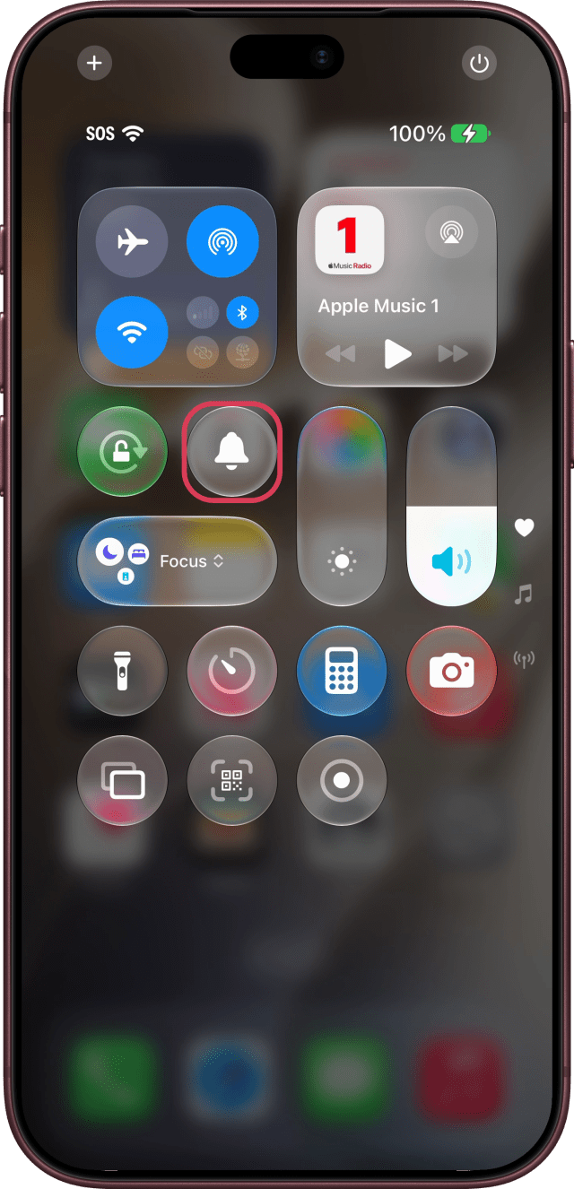 The Silent Mode bell outlined in Control Center, off.