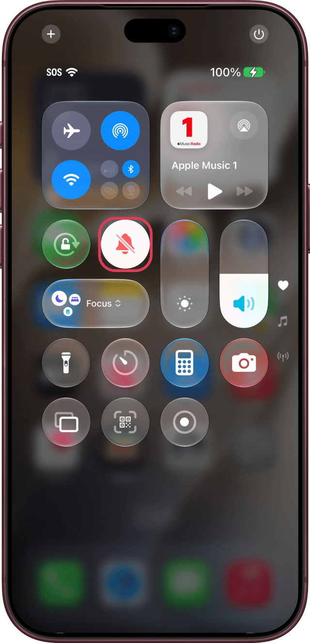The Silent Mode bell outlined in Control Center, on.
