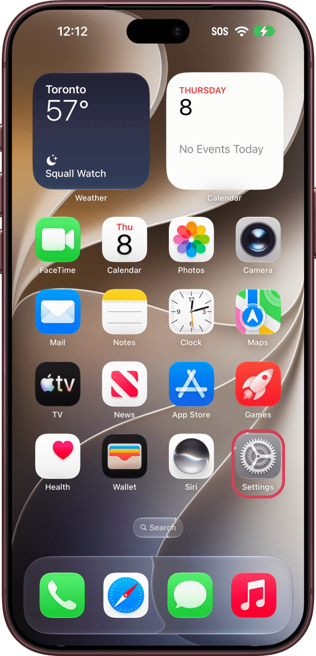 The Settings app outlined on the Home Screen.