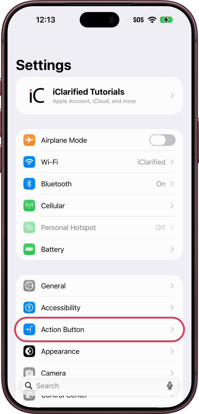 Action Button outlined in Settings.