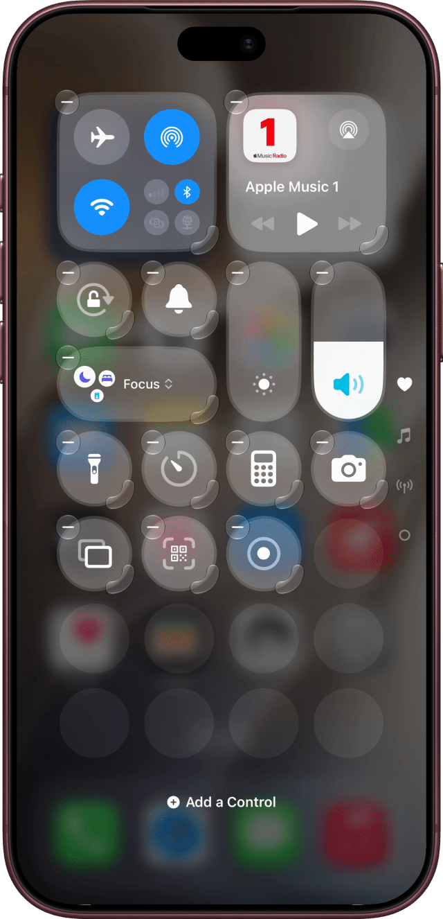 Control Center's edit mode with the Screen Recording button added.