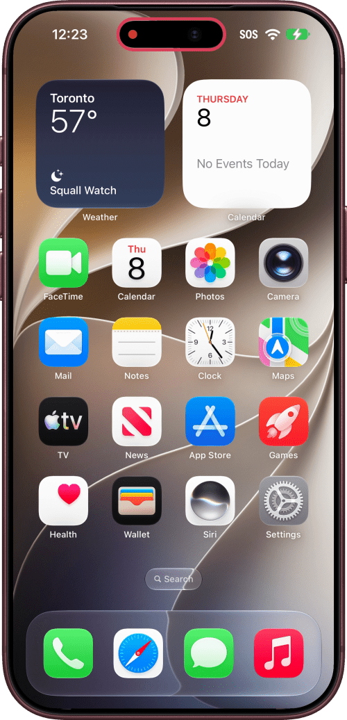 The red dot in the Dynamic Island outlined.