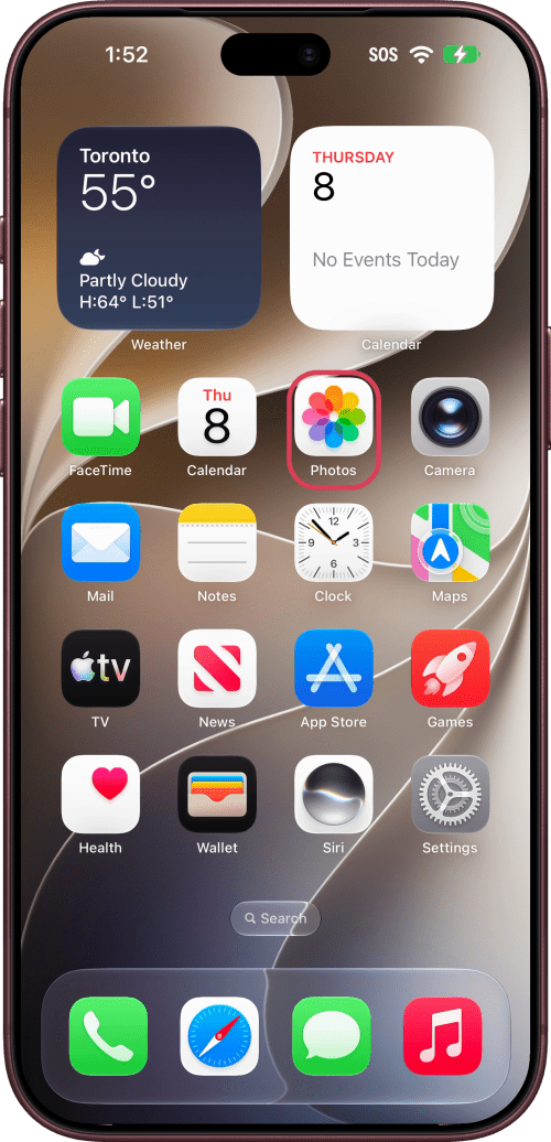 Photos outlined on the Home Screen.