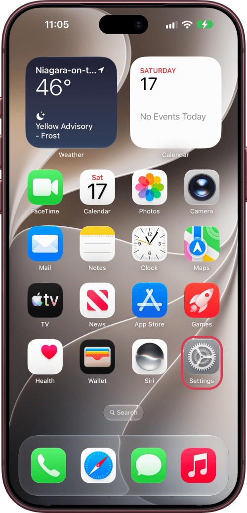 The Settings app on the Home Screen, ringed
