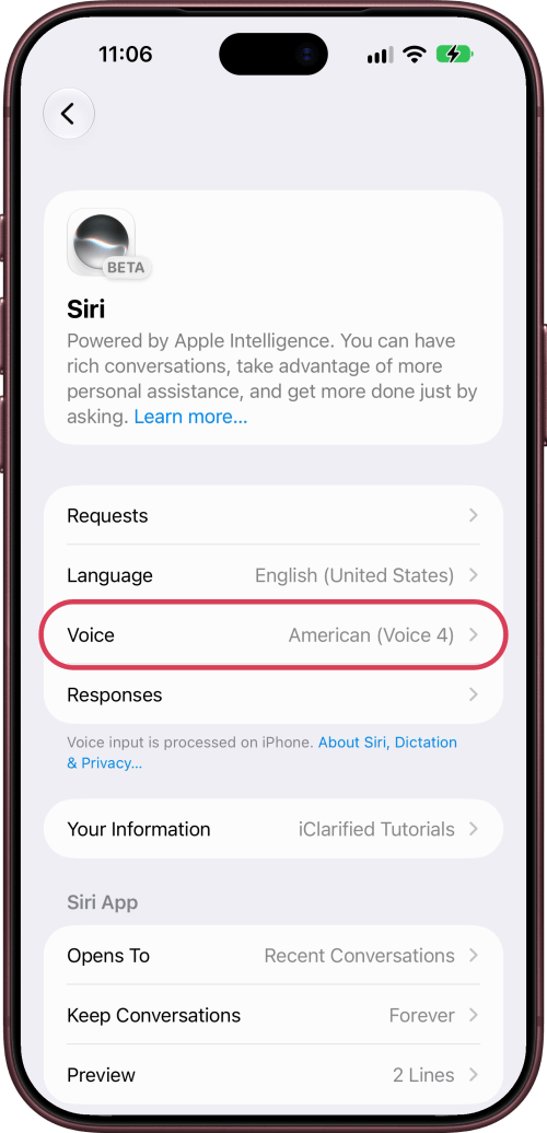 Voice, reading American (Voice 4), ringed on the Siri screen