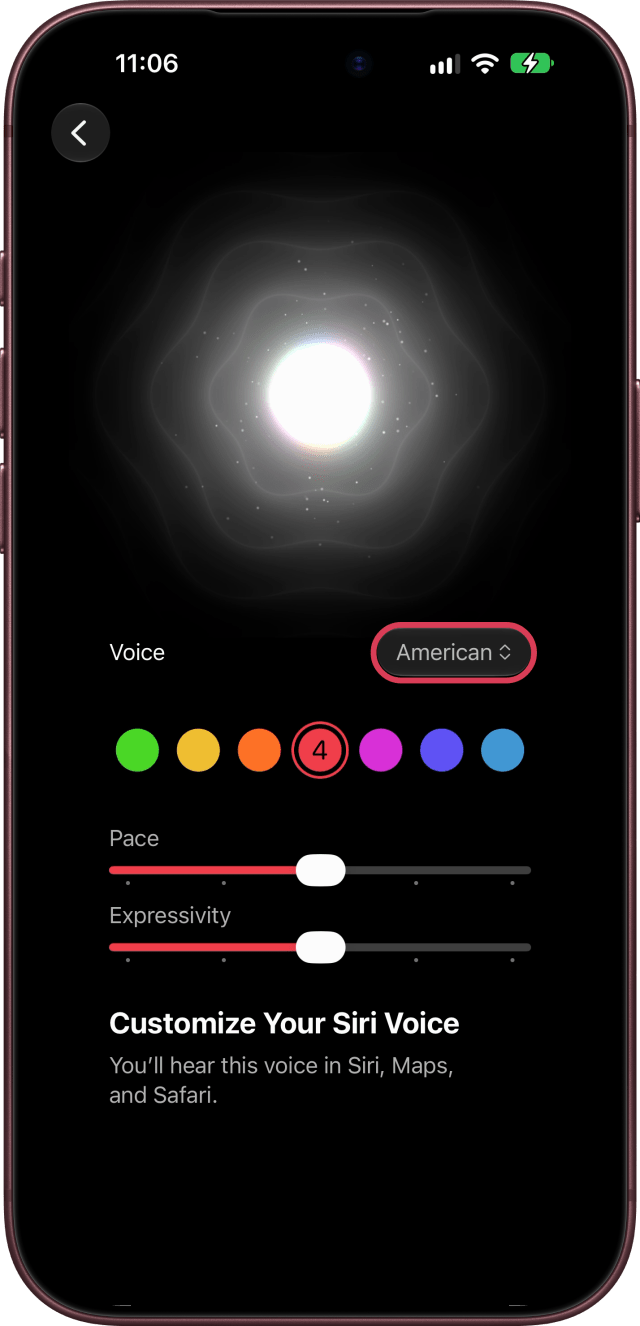The accent menu, American, ringed on Customize Your Siri Voice