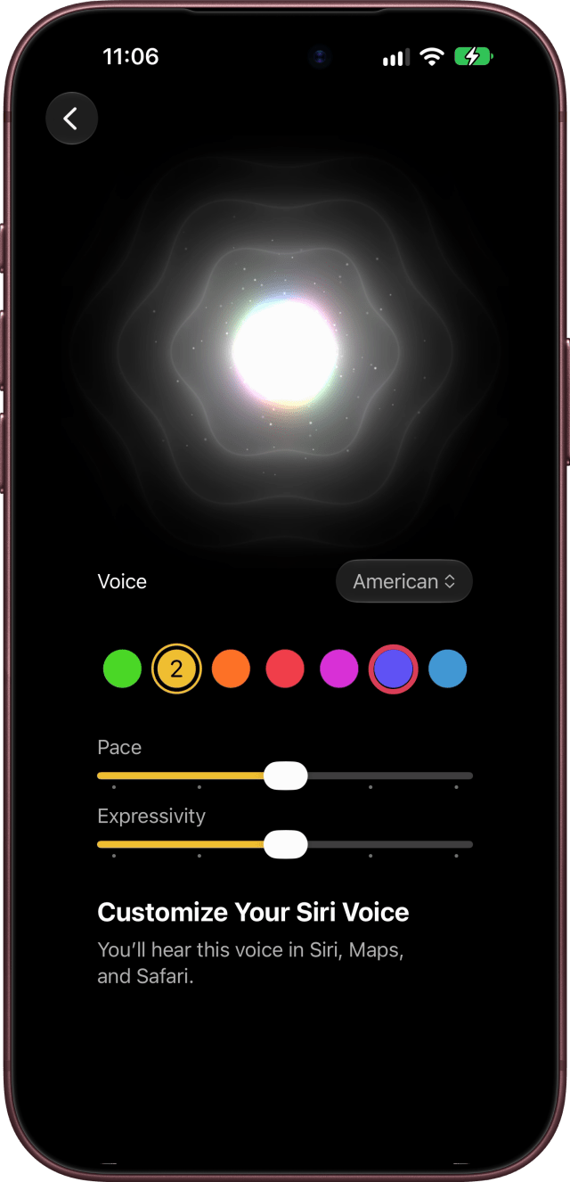 Voice 6, the purple swatch, ringed, with Voice 2 selected