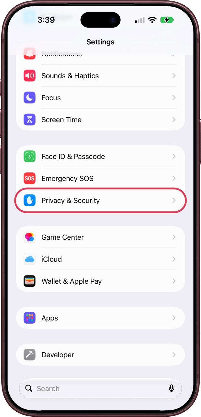 Privacy & Security outlined in Settings.