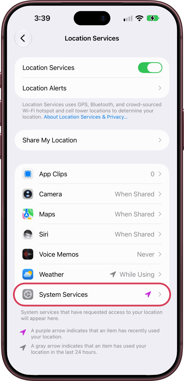 System Services outlined at the bottom of Location Services.