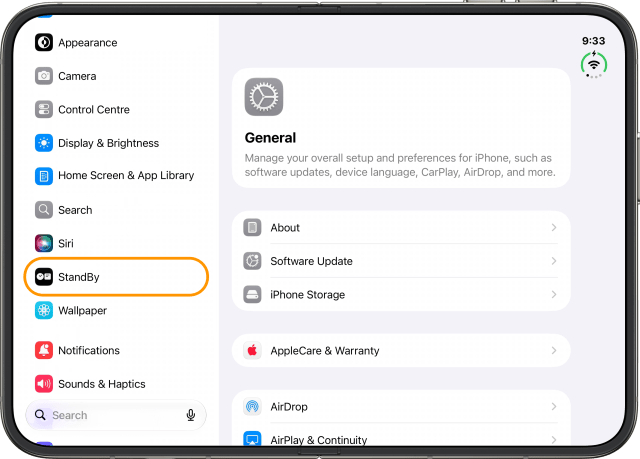 Tap StandBy in the Settings sidebar