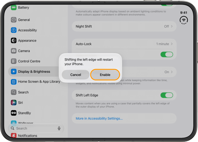 Tap Enable to restart for Shift Left Edge