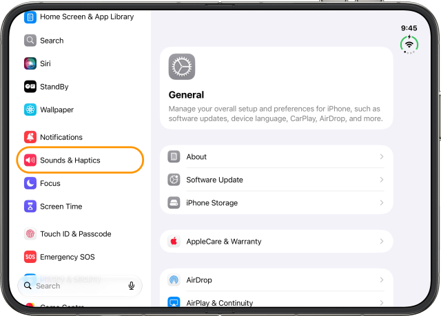 Tap Sounds & Haptics in the sidebar