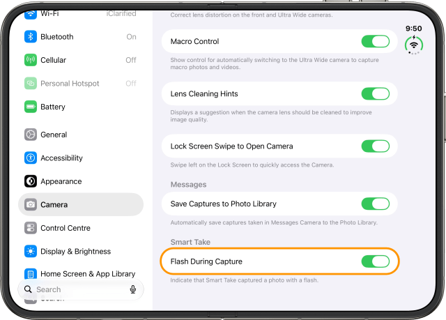 Tap the Flash During Capture switch under Smart Take