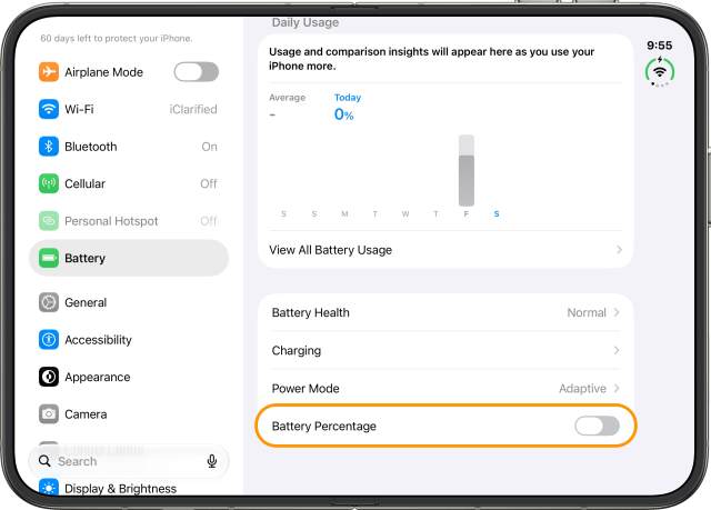 Tap the Battery Percentage switch