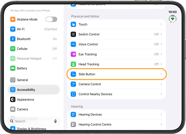 Tap Side Button under Physical and Motor