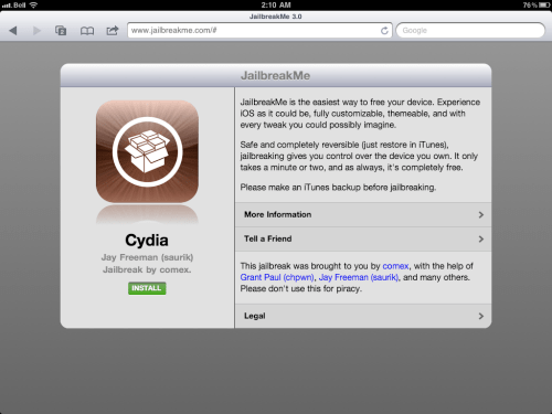 如何使用JailbreakMe對你的iPad2和iPad1 iOS4.3.3進行越獄