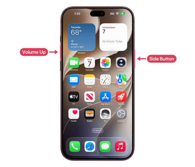 The side button and the volume up button marked and labelled on an iPhone 18 Pro Max showing its Home Screen.