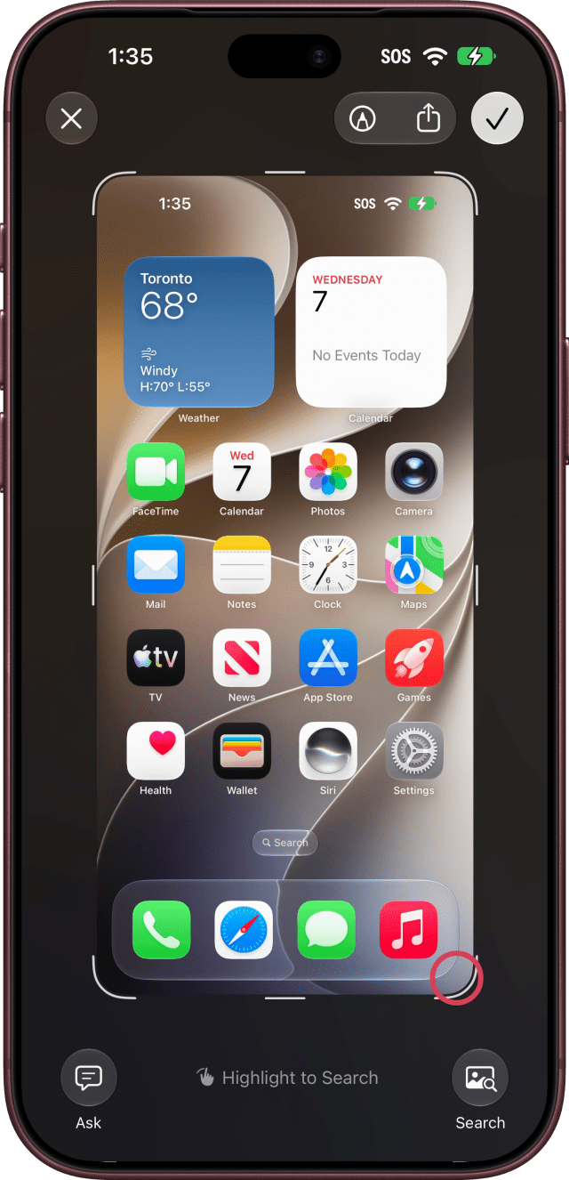 The full screen screenshot view with its bottom-right crop handle outlined.
