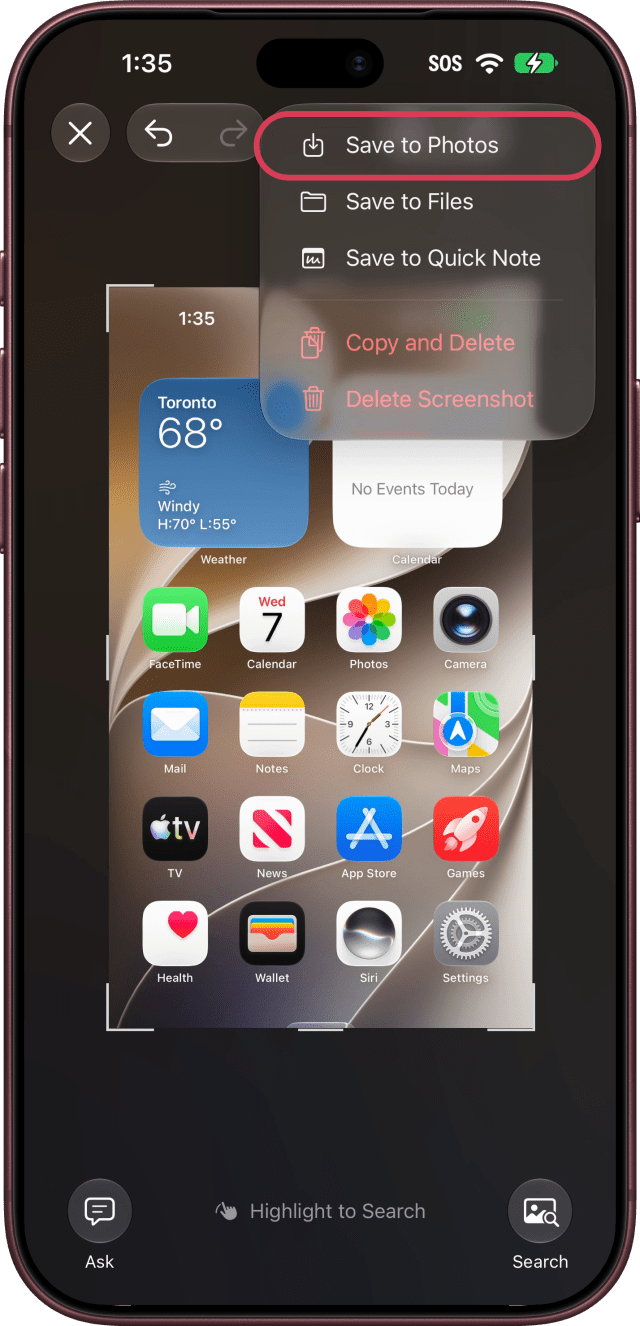 Save to Photos outlined at the top of the menu.