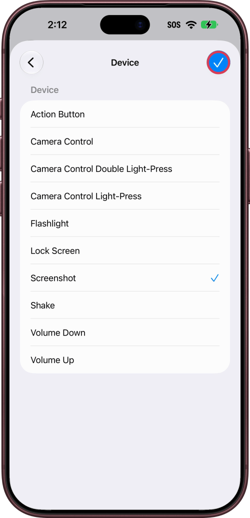 The checkmark outlined at the top right of the Device list.