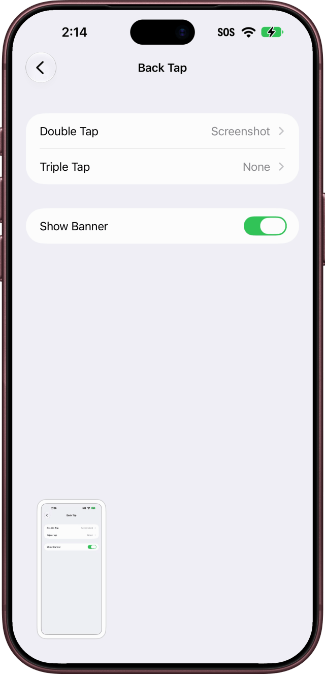 The screenshot's thumbnail in the lower-left corner of the Back Tap screen.