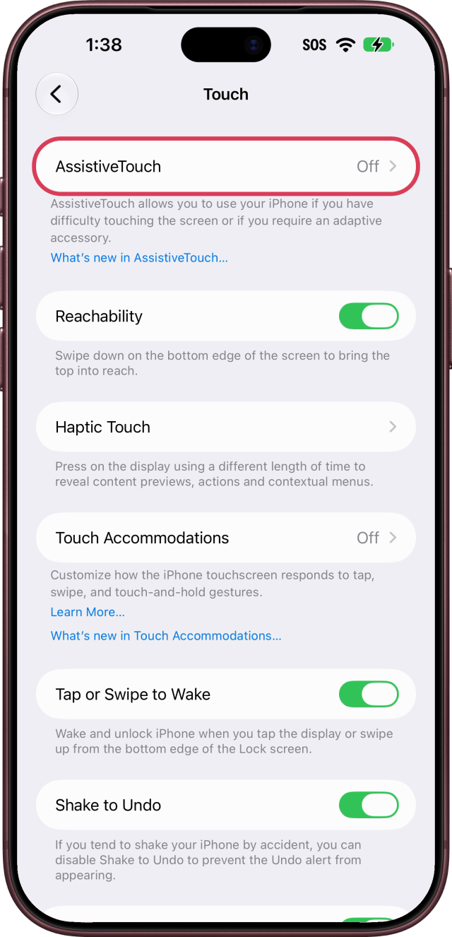 AssistiveTouch outlined at the top of Touch.