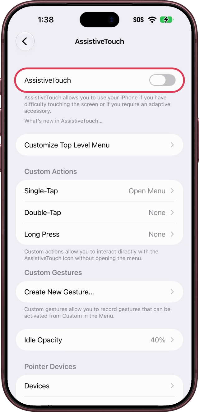 The AssistiveTouch switch outlined, off.
