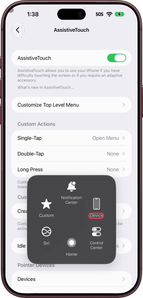 Device outlined in the AssistiveTouch menu.