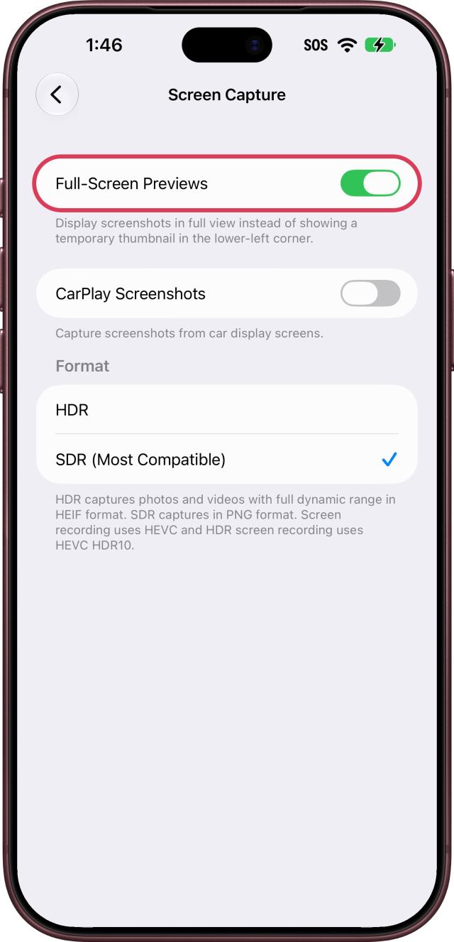 The Full-Screen Previews switch outlined, on.