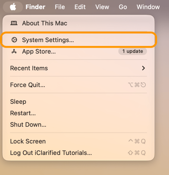 The Apple menu open with System Settings… ringed