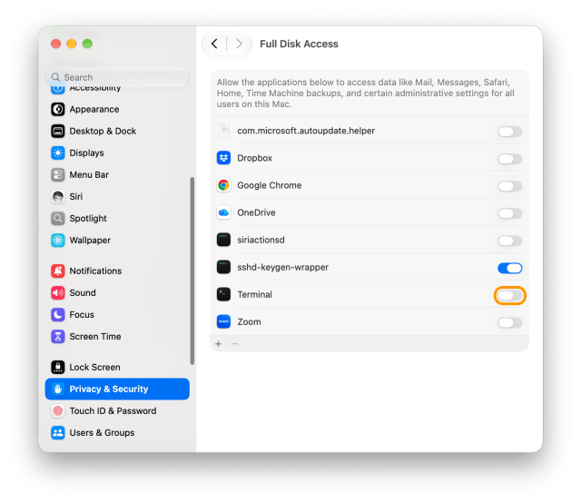 The Full Disk Access list with Terminal's switch ringed