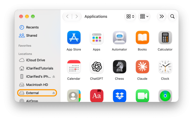 A Finder window with the drive External ringed under Locations in the sidebar