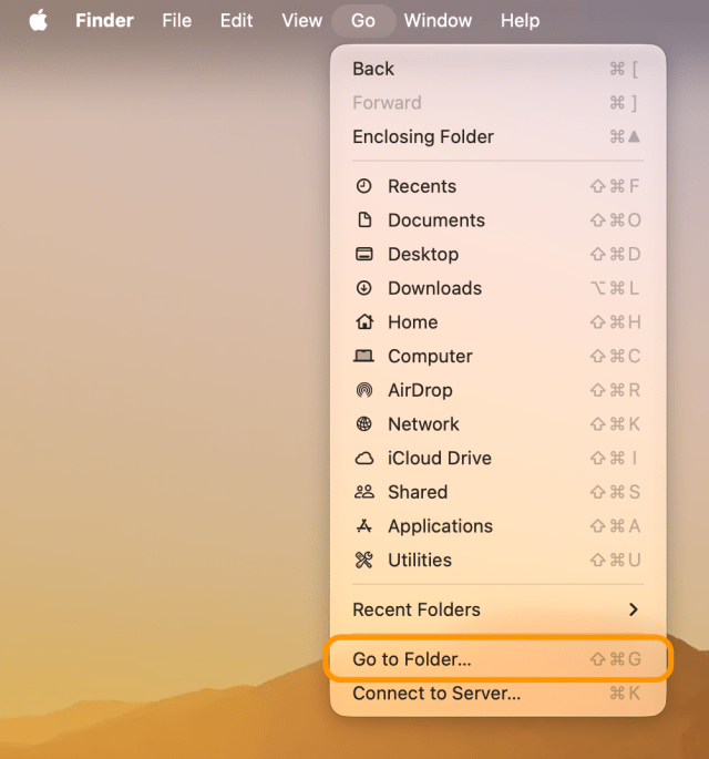 The Go menu open with Go to Folder… ringed