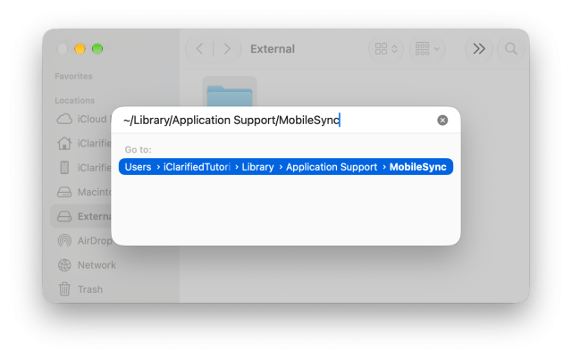 The Go to Folder sheet with ~/Library/Application Support/MobileSync typed in